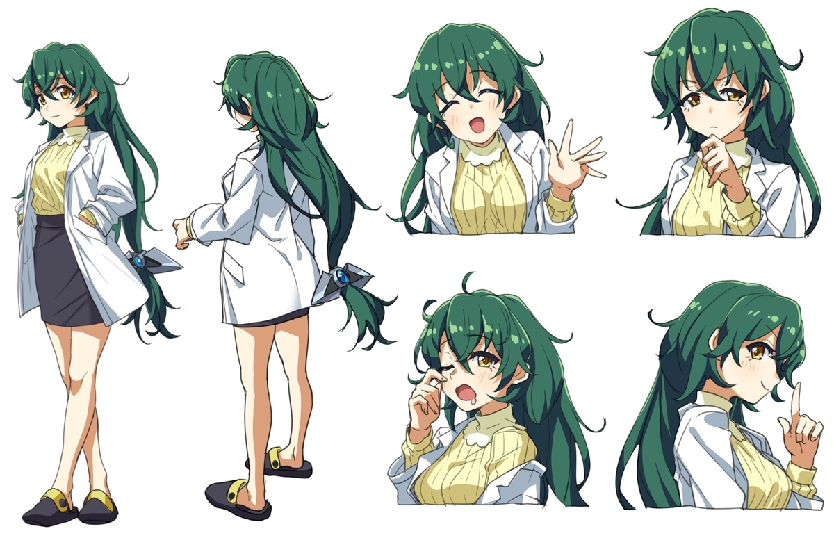 tyuga, anima gear, official art, 1girl, black skirt, black slippers, closed eyes, closed mouth, coat, facing away, full body, green hair, hair ornament, hand in pocket, lab coat, long hair, looking at viewer, low-tied long hair, mitsunasi konoe, one eye closed, open clothes, open coat, open mouth, profile, reference sheet, ribbed sweater, saliva, simple background, skirt, slippers, sweater, two-tone slippers, upper body, very long hair, white background, yellow eyes, yellow slippers, yellow sweater