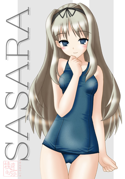 neopure, kusugawa sasara, to heart (series), to heart 2, 00s, 1girl, blonde hair, blue eyes, blush, character name, female focus, hair ribbon, long hair, one-piece swimsuit, ribbon, school swimsuit, smile, solo, swimsuit, thigh gap, thighs
