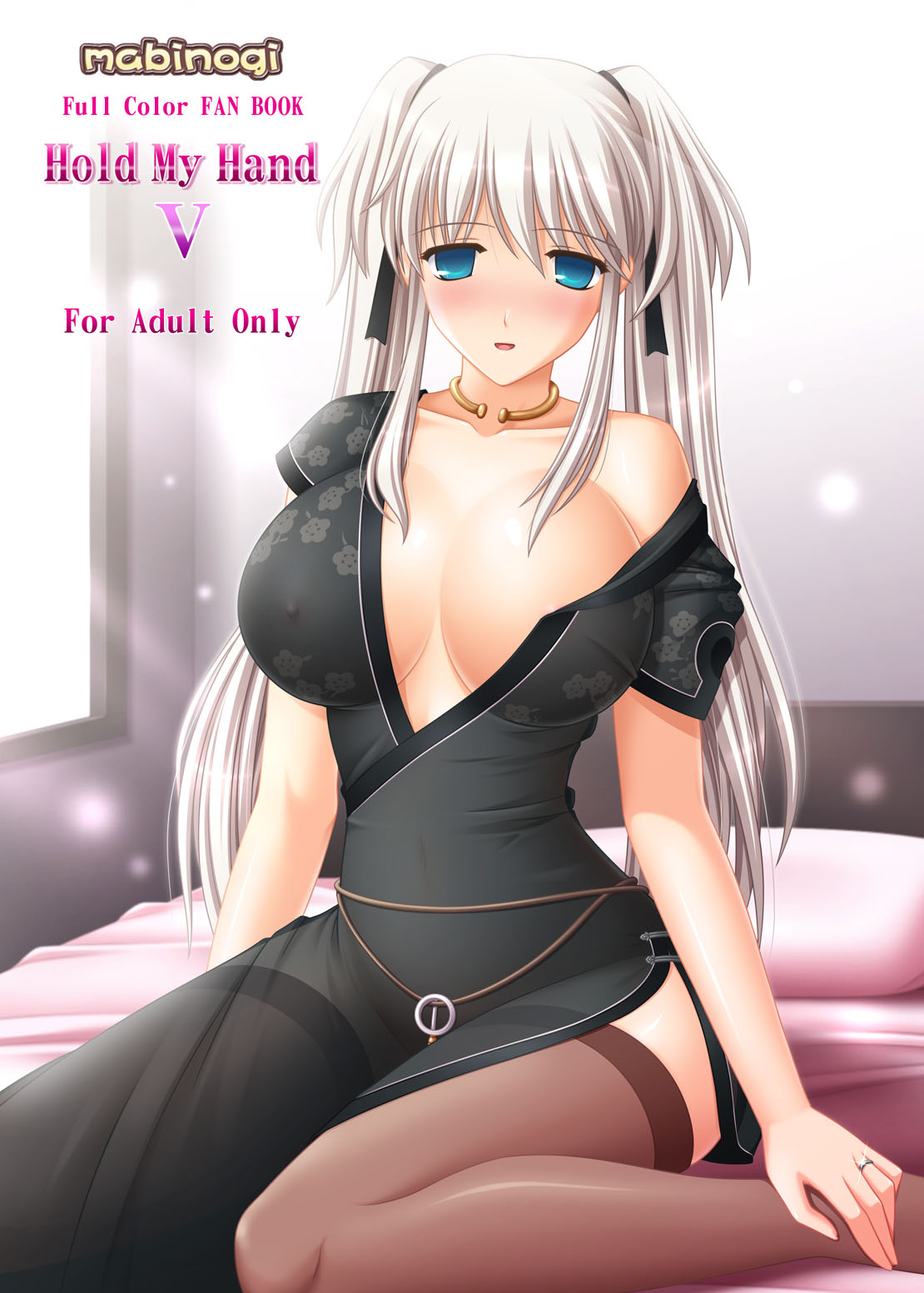 kafu (logaemon), nao (mabinogi), mabinogi, highres, 1girl, areola slip, blue eyes, breasts, cleavage, covered erect nipples, curvy, female focus, huge breasts, large breasts, solo, thighhighs, white hair