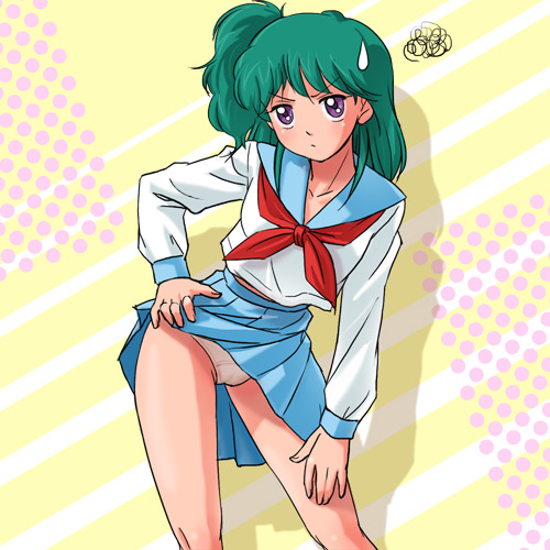 haruyama kazunori, ichinose yuka, akanuke ichiban, shouwa ahozoushi akanuke ichiban!, diagonal stripes, 1980s (style), lowres, >:(, 1girl, angry, blue skirt, cameltoe, cardigan, closed mouth, clothes lift, collarbone, contrapposto, female focus, frown, green hair, hand on own hip, hand on own thigh, leaning, legs apart, lifting own clothes, long sleeves, looking at viewer, midriff peek, neckerchief, oldschool, one side up, panties, pantyshot, pleated skirt, polka dot, polka dot background, purple eyes, retro artstyle, school uniform, serafuku, shadow, shirt, sidelocks, skirt, skirt lift, solo, spoken squiggle, squiggle, standing, striped background, sweatdrop, underwear, v-shaped eyebrows, white panties, white shirt, yellow background