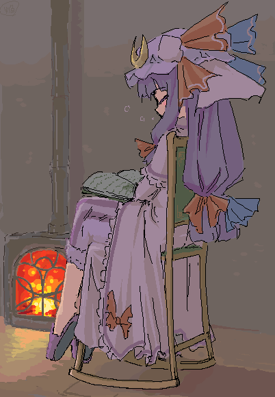 homura subaru, patchouli knowledge, touhou, 1girl, book, chair, closed eyes, female focus, fireplace, full body, indoors, long hair, oekaki, profile, purple hair, rocking chair, sitting, sleeping, slippers, solo