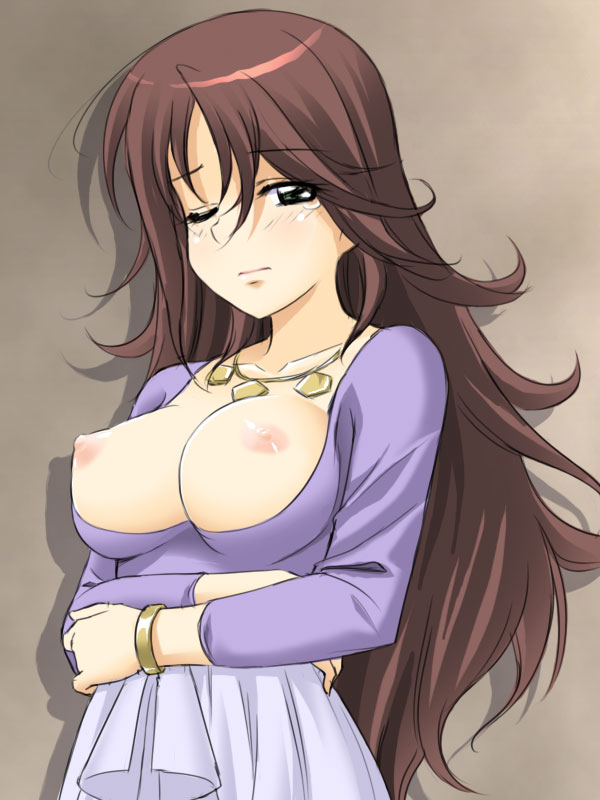masakichi (crossroad), sumeragi lee noriega, gundam, gundam 00, 00s, bracelet, breasts, brown hair, green eyes, huge breasts, jewelry, large breasts, long hair, necklace, nipples, solo, tears