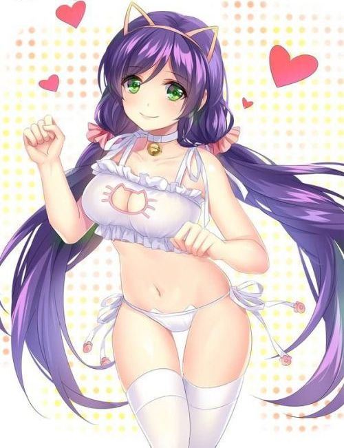tojo nozomi, love live!, love live! school idol project, artist request, source request, 1girl, alternate costume, animal ears, bell, blush, breasts, cat cutout, clothing cutout, fake animal ears, feet out of frame, green eyes, heart (symbol), lingerie, long hair, medium breasts, navel, pajamas, panties, polka dot, polka dot background, purple hair, smile, thighhighs, twintails, underwear