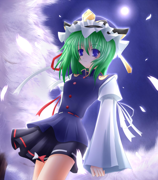shirotsuki kouta, shiki eiki, touhou, eyebrows, 1girl, black skirt, blue eyes, bow, cowboy shot, female focus, full moon, green hair, hair between eyes, hat, long sleeves, looking at viewer, moon, night, night sky, outdoors, petals, red ribbon, ribbon, ribbon-trimmed skirt, ribbon trim, skirt, sky, sleeves past wrists, solo, white ribbon, wide sleeves