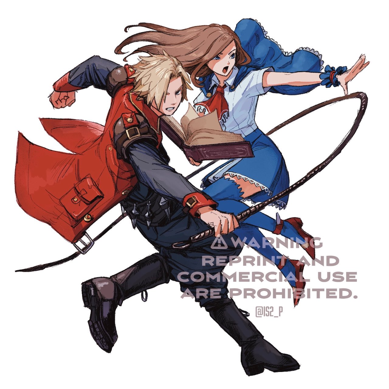 tanaka (is2 p), castlevania: portrait of ruin, castlevania (series), 1boy, 1girl, blonde hair, blue capelet, blue eyes, blue skirt, book, boots, brown hair, capelet, coat, long hair, pants, red coat, red shoes, shirt, shoes, skirt, thighhighs, watermark, whip, white background, white shirt