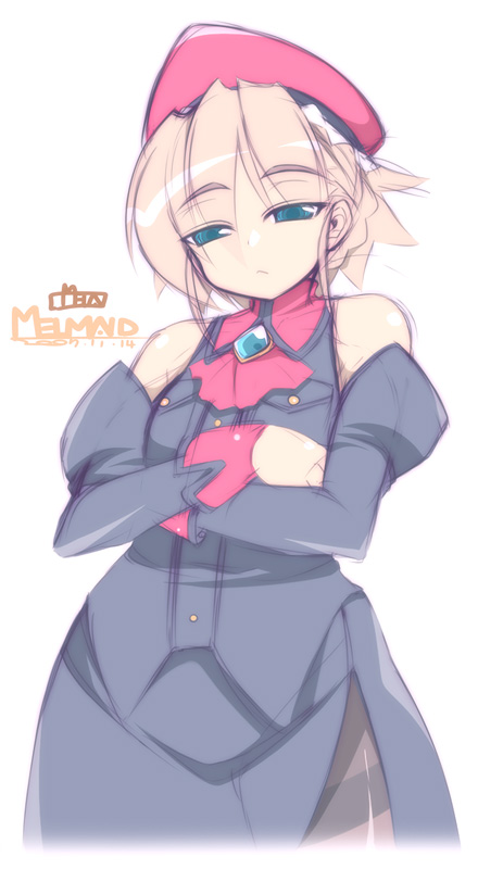 mel/a, elena trafalgar, original, 1girl, bare shoulders, beret, black pantyhose, blonde hair, blue eyes, brooch, crossed arms, detached sleeves, female focus, hat, jewelry, pantyhose, shirt, short hair, side slit, simple background, skirt, sleeveless, sleeveless shirt, solo, thighband pantyhose