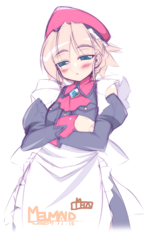 mel/a, elena trafalgar, original, 1girl, apron, beret, blonde hair, blue eyes, blush, crossed arms, detached sleeves, female focus, hat, maid, maid apron, maid headdress, solo