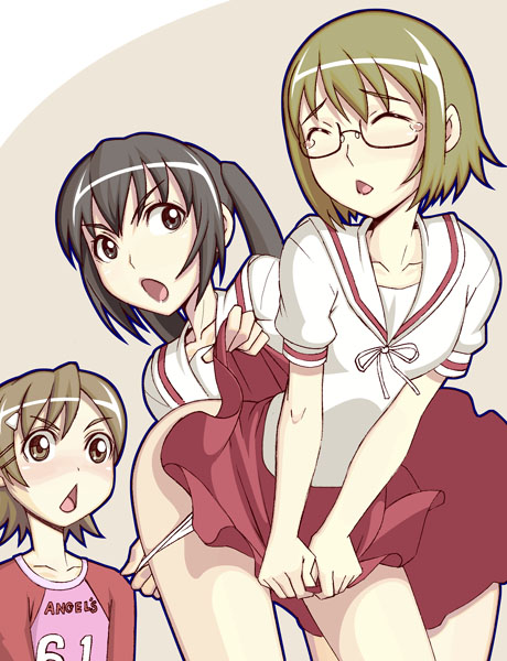 caryo, nanashino, keiko (minami-ke), mako-chan (minami-ke), makoto (minami-ke), minami kana, minami-ke, 00s, 1boy, 2girls, assisted exposure, black hair, blush, brown hair, chestnut mouth, closed eyes, clothes lift, collarbone, cropped legs, glasses, leaning forward, long hair, miniskirt, multiple girls, open mouth, panties, panty pull, ribbon, school uniform, semi-rimless eyewear, serafuku, short hair, short sleeves, skirt, skirt lift, skirt tug, twintails, under-rim eyewear, underwear