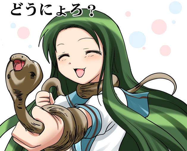 namamo nanase, tsuruya, suzumiya haruhi no yuuutsu, translated, 00s, cobra naja, fang, green hair, long hair, school uniform, serafuku, snake, solo, very long hair