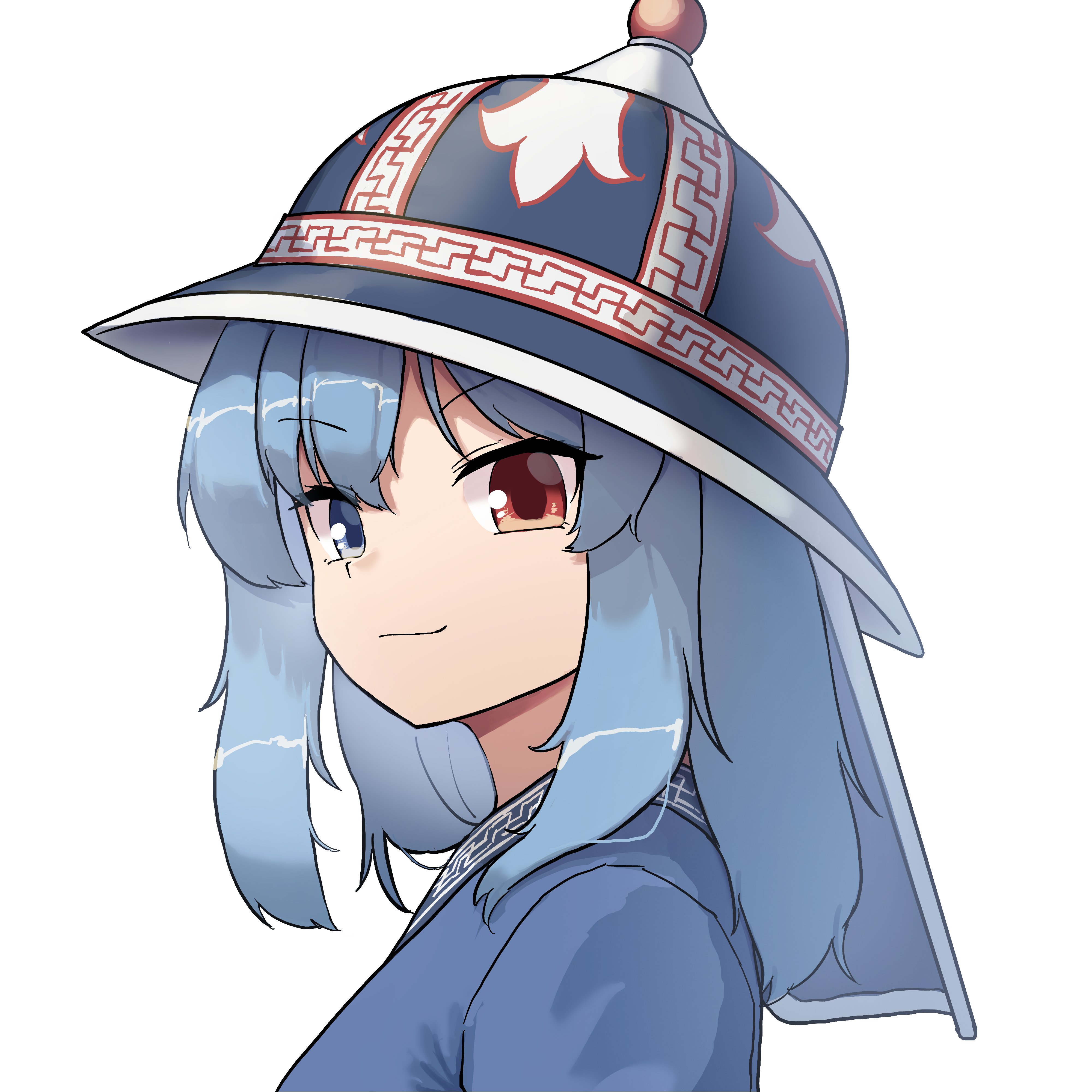 allcy49, tatara kogasa, touhou, absurdres, highres, 1girl, alternate costume, alternate headwear, blue eyes, blue hair, blue hat, blue shirt, closed mouth, hat, heterochromia, looking at viewer, mongolian clothes, mongolian hat, portrait, red eyes, shirt, sidelocks