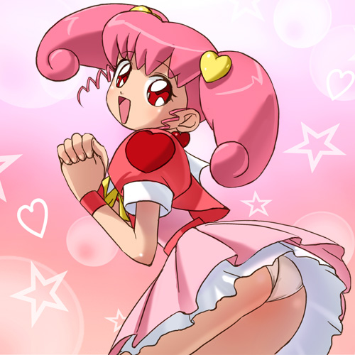 haruyama kazunori, shalanla shiisuruu, sharanla sheathluh, ougon yuusha goldoran, ougon yuusha goldran, yuusha series, lowres, 1girl, ass, dress, drill hair, earrings, female focus, hair ornament, heart, jewelry, open mouth, own hands together, panties, pink hair, red eyes, solo, star (symbol), twintails, underwear