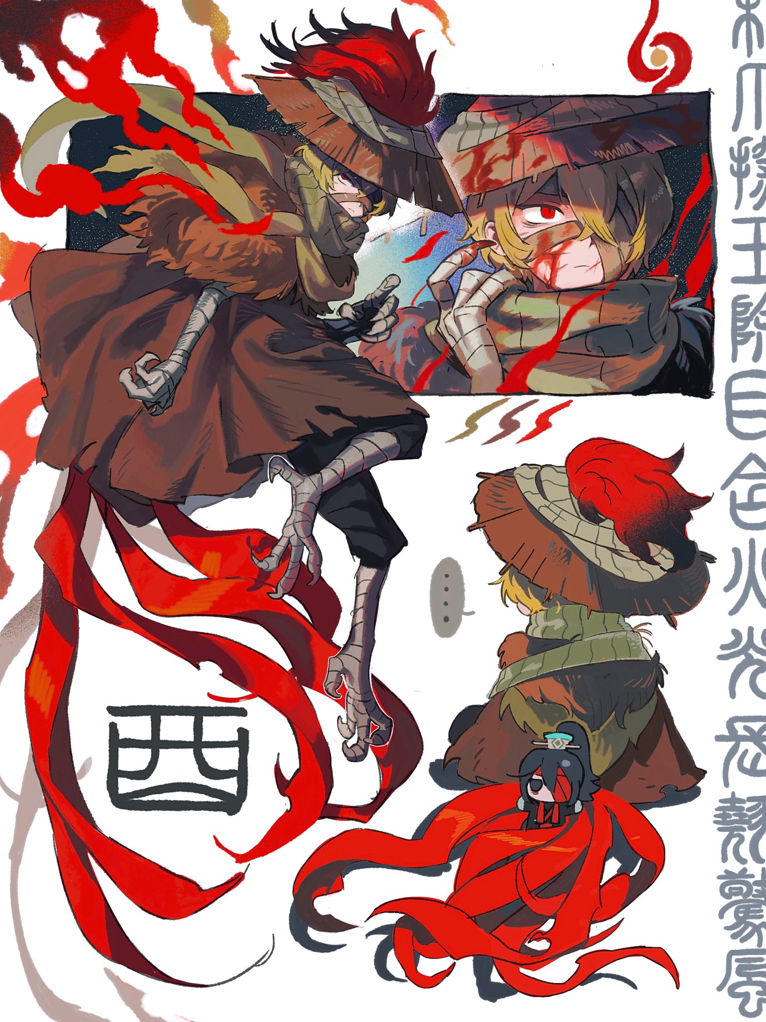 hong lu (project moon), sinclair (project moon), limbus company, project moon, chinese commentary, highres, …, 1boy, animal legs, bandage on face, bandaged arm, bandaged leg, bandages, black pants, blonde hair, blood, blood on face, brown cloak, brown feathers, brown scarf, character doll, chibi, chinese text, cloak, close-up, doll, feathered cloak, feathers, from behind, full body, hat, heishou pack-you branch (identity) (project moon), male focus, one eye covered, pants, red feathers, rice hat, scarf, short hair, white background, yuriyaki003