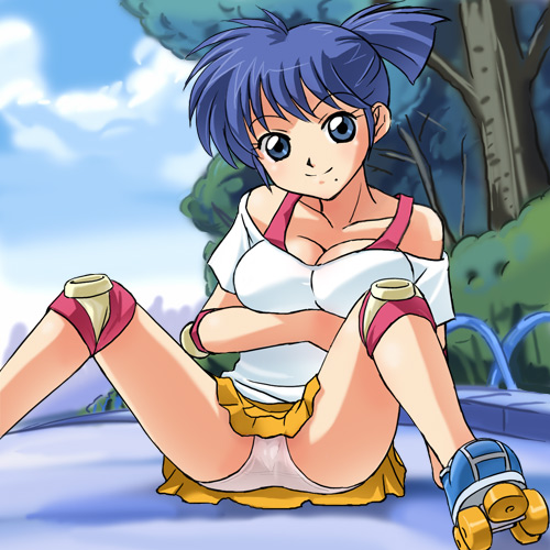 haruyama kazunori, sawaguchi rika, norakuro kun, lowres, day, m legs, mole, panties, pantyshot, ponytail, sitting, skates, solo, spread legs, underwear