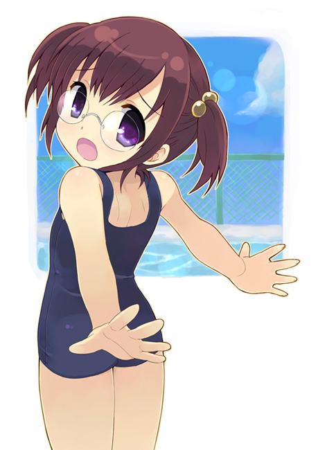 otoutogimi, original, framed, 1girl, :o, brown hair, chain-link fence, child, cloud, day, female focus, fence, glasses, hair bobbles, hair ornament, lens flare, looking back, one-piece swimsuit, open mouth, outside border, outstretched arms, pool, purple eyes, school swimsuit, simple background, solo, swimsuit, twintails, white background