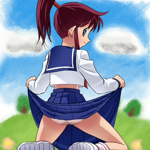 haruyama kazunori, mine sayaka, yaiba, lowres, clothes lift, lifting own clothes, panties, pantyshot, school uniform, serafuku, skirt, skirt lift, solo, underwear