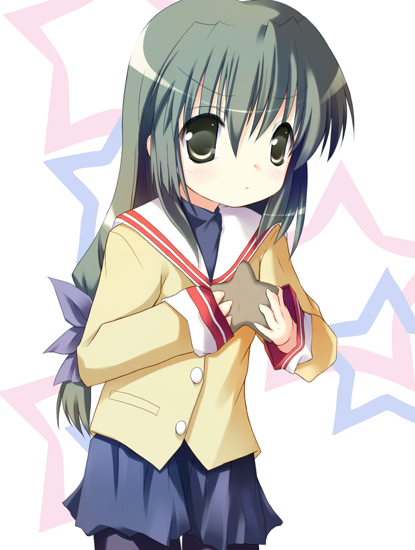 safi, ibuki fuuko, clannad, 00s, 1girl, black pantyhose, female focus, green hair, long hair, low-tied long hair, pantyhose, sailor collar, school uniform, serafuku, skirt, solo