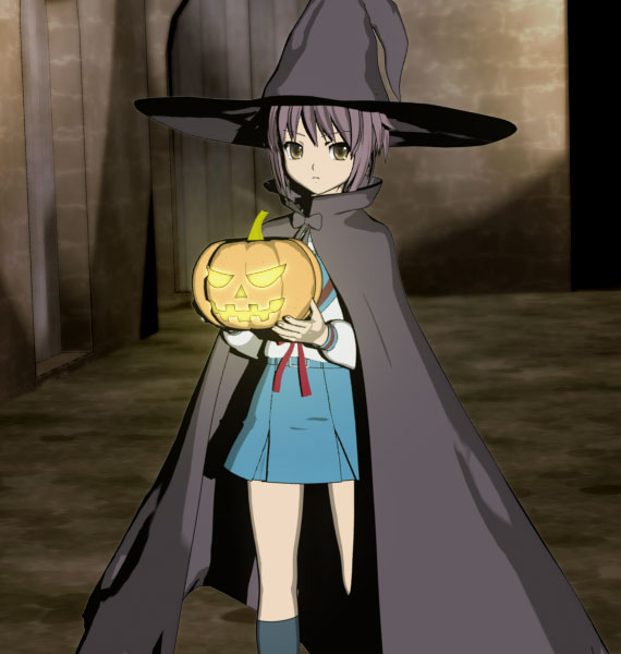 hokusen, nagato yuki, suzumiya haruhi no yuuutsu, 00s, 1girl, 3d, female focus, halloween, hat, jack-o'-lantern, pumpkin, school uniform, serafuku, solo, witch, witch hat