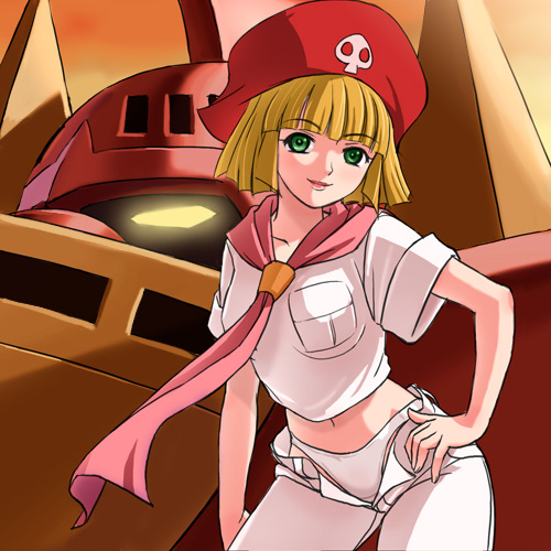 haruyama kazunori, godam, misaki youko, gowappaa 5 godam, head, lowres, 1970s (style), 1girl, blonde hair, female focus, green eyes, hand on own hip, hat, mecha, midriff, oldschool, panties, pirate hat, retro artstyle, robot, science fiction, short hair, smile, solo, underwear, unzipped, white panties