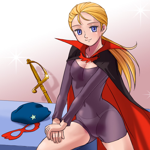 haruyama kazunori, simone (la seine no hoshi), la seine no hoshi, sunrise (company), lowres, 1970s (style), 1girl, beret, blonde hair, blue eyes, cape, domino mask, female focus, hat, mask, oldschool, ponytail, retro artstyle, see-through clothes, solo, sword, unworn mask, weapon