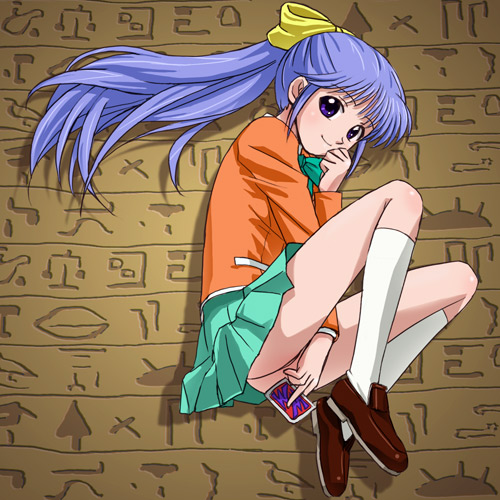 haruyama kazunori, nosaka miho, yu-gi-oh!, yu-gi-oh! (toei), light purple hair, lowres, 1girl, ancient egyptian, blazer, blue eyes, blue hair, bow, brown shoes, card, egypt, female focus, hair bow, hieroglyphics, hieroglyphs, holding, holding card, jacket, long hair, looking at viewer, matching hair/eyes, miniskirt, no panties, ribbon, school uniform, shoes, skirt, smile, socks, solo, white socks
