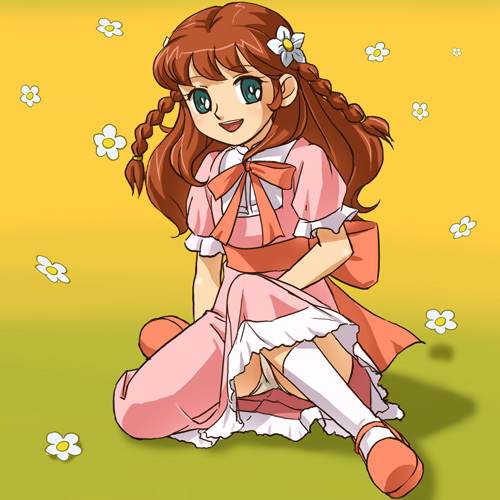 haruyama kazunori, charlotte (wakakusa no charlotte), wakakusa no charlotte, lowres, 1970s (style), braid, dress, lolita fashion, oldschool, panties, pantyshot, retro artstyle, sitting, smile, solo, sweet lolita, twin braids, underwear