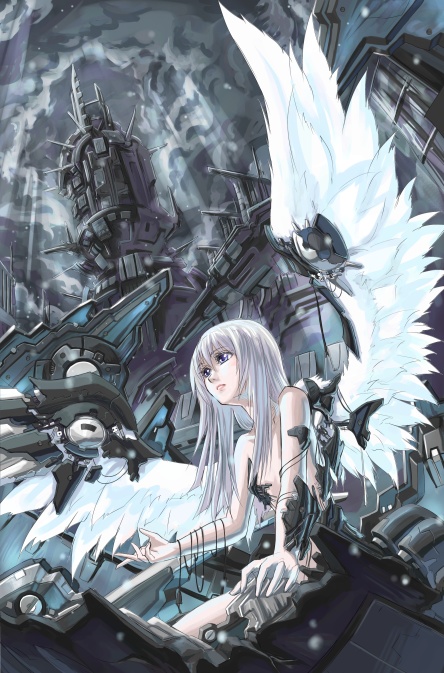 kurogin, original, 1girl, android, angel, angel wings, cable, feathers, female focus, grey eyes, grey hair, long hair, machine, solo, technology, white hair, wings