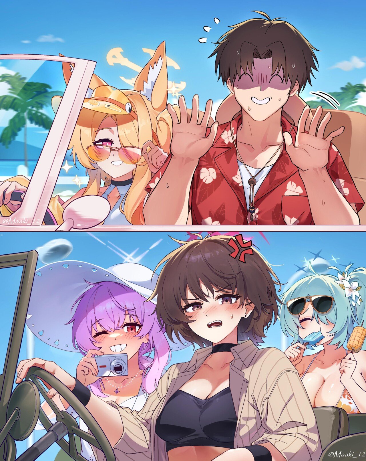 maaki12, atsuko (blue archive), atsuko (swimsuit) (blue archive), hiyori (blue archive), hiyori (swimsuit) (blue archive), misaki (blue archive), misaki (swimsuit) (blue archive), seia (blue archive), seia (swimsuit) (blue archive), sensei (blue archive), blue archive, highres, third-party source, 1boy, 4girls, anger vein, animal ear fluff, animal ears, atsuko's grin (meme), camera, closed eyes, corn, corn cob, cross halo, driving, food, fox ears, fox girl, halo, hat, hawaiian shirt, holding, holding camera, holding corn, holding food, holding popsicle, meme, multiple girls, one eye closed, orange-tinted eyewear, popsicle, shirt, sun hat, tinted eyewear, visor cap, yellow halo, yellow visor