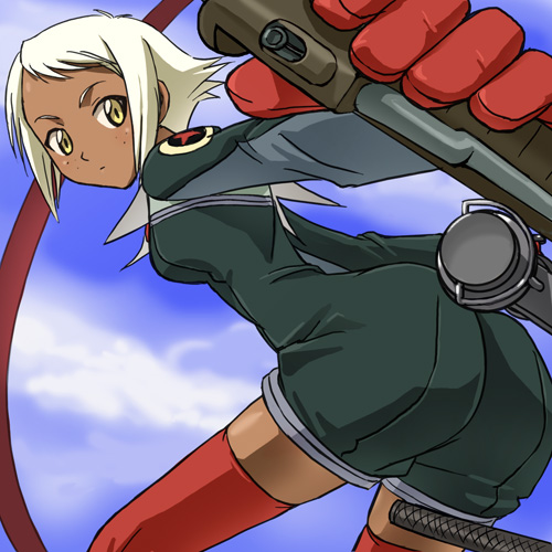 haruyama kazunori, lal'c mellk mal, top wo nerae! (series), top wo nerae 2!, lowres, 00s, 1girl, ass, blurry, dark-skinned female, dark skin, depth of field, female focus, foreshortening, gloves, red gloves, romper, short hair, solo, thighhighs, zettai ryouiki