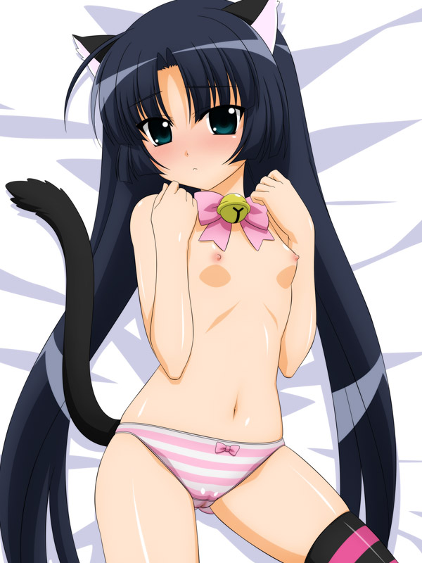 sugimura tomokazu, elizabetta, fushigiboshi no futago hime, 00s, 1girl, animal ears, breasts, cat ears, cat tail, female focus, flat chest, loli, lying, nipples, panties, pussy juice, solo, striped clothes, striped panties, tail, topless female, underwear, wet, wet clothes, wet panties, wet spot