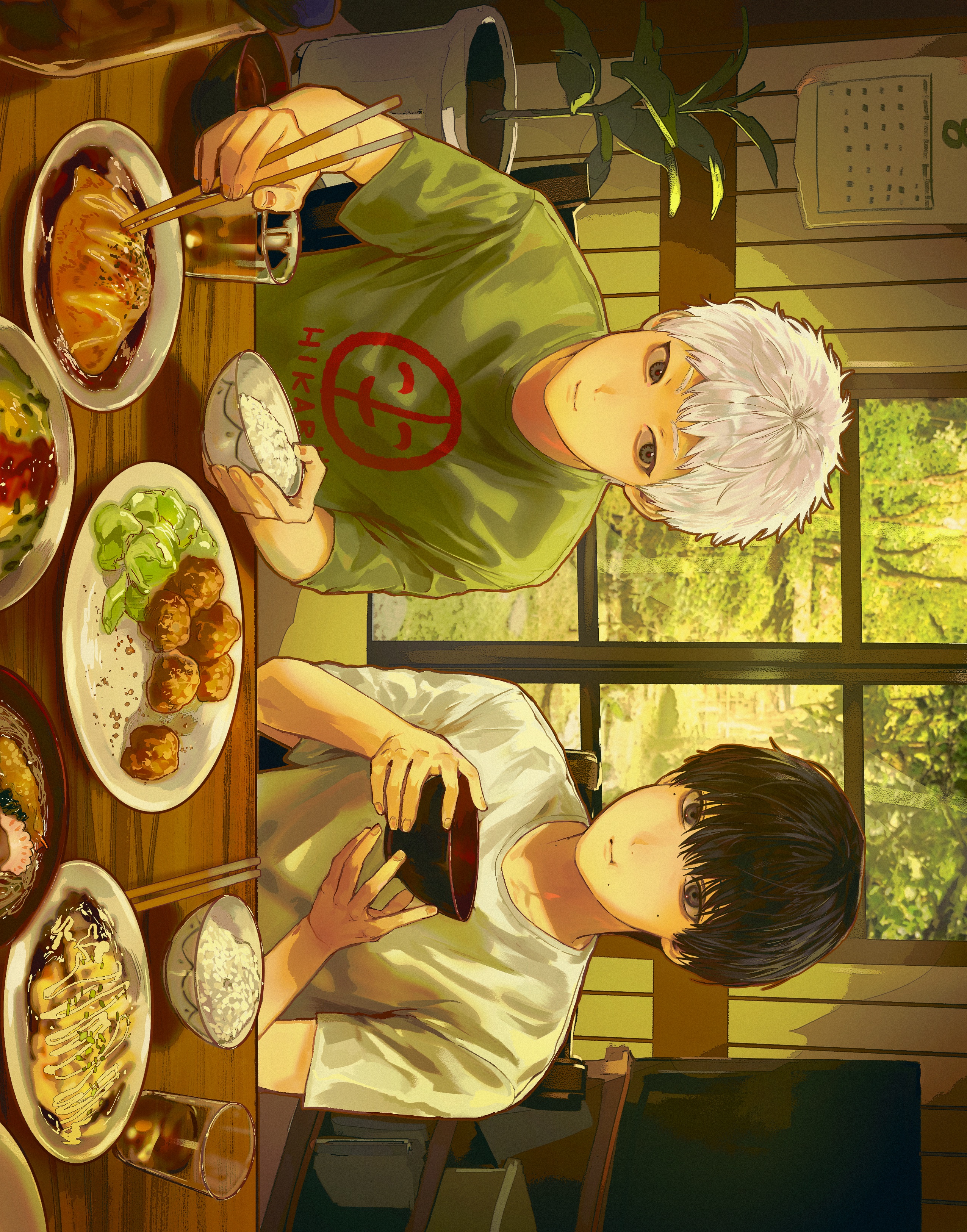 indou hikaru, tsujinaka yoshiki, hikaru ga shinda natsu, absurdres, food request, hashtag-only commentary, highres, 2boys, alternate costume, black hair, bowl, calendar (object), carl 4, character name, closed mouth, eating, green shirt, holding, holding bowl, looking at viewer, male focus, mole, mole on cheek, mole on neck, mole under eye, mole under mouth, multiple boys, multiple moles, shirt, short hair, sideways, sitting, upper body, white hair, white shirt