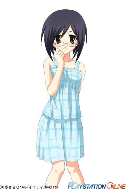 oribe aoi, myself yourself, 00s, 1girl, black eyes, black hair, blue dress, blush, cowboy shot, dress, female focus, glasses, hand on own cheek, hand on own face, looking at viewer, simple background, sleeveless, sleeveless dress, solo, standing, sundress, text focus, white background