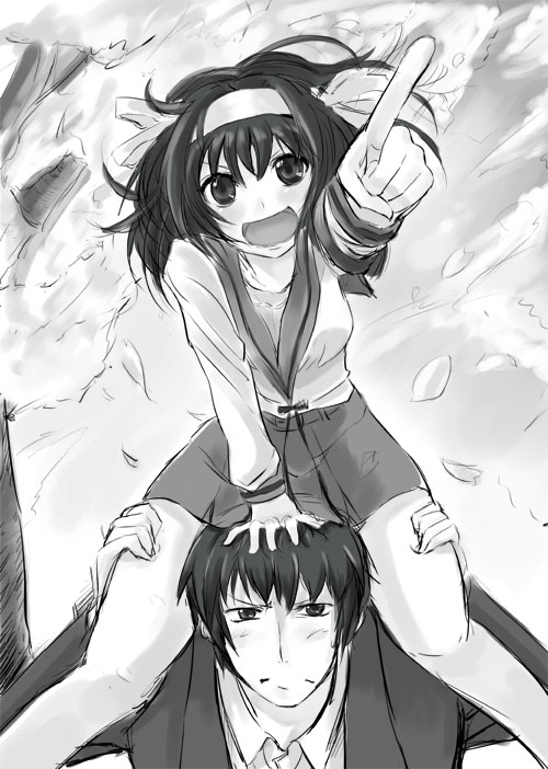 gin'ichi (akacia), ginichi, kyon, suzumiya haruhi, suzumiya haruhi no yuuutsu, 00s, 1boy, 1girl, annoyed, bare legs, between legs, blush, carrying, clenched teeth, greyscale, long sleeves, looking at viewer, monochrome, pointing, pointing forward, sailor collar, school uniform, serafuku, short hair, shoulder carry, teeth