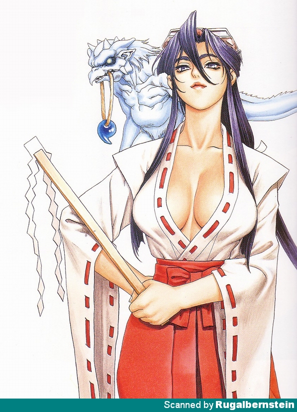 tsukasa jun, basaro, tengai, togashi koyori, atlus, psikyo, sengoku ace, sengoku ace episode ii, sengoku blade, sengoku cannon, fur, official art, scan, traditional media, 1girl, bamboo broom, black hair, blue eyes, blue hair, blue skin, bow, breasts, broom, carrying, cleavage, colored skin, demon, detached sleeves, fang, female focus, goggles, goggles on head, gohei, green eyes, hair bow, hair ornament, hair ribbon, hakama, hakama skirt, hand on own hip, horns, japanese clothes, jewelry, jiangshi, kimono, kimono skirt, large breasts, lips, lipstick, long hair, looking at viewer, magatama, makeup, matching hair/eyes, miko, monster, mouth hold, muscular, naughty face, necklace, no bra, open clothes, open mouth, open shirt, pointy ears, ponytail, red hakama, ribbon, sandals, shirt, shoulder carry, sidelocks, simple background, skirt, smile, solo, spirit, standing, tail, teeth, very long hair, watermark, weapon, wide sleeves, yukata