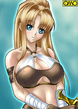 kagami hirotaka, omc, lisfia marsenal, asura fantasy online, lowres, 1girl, aqua background, armband, bandages, bare shoulders, belt, blonde hair, blue eyes, blush, breasts, cleavage, cleavage cutout, clothing cutout, crop top, fantasy, female focus, gloves, glowing, hair intakes, head tilt, high ponytail, holding, huge breasts, large breasts, leather, long hair, looking at viewer, midriff, navel, o-ring, o-ring top, parted bangs, ponytail, sideboob, sidelocks, smile, solo, sword, underboob, upper body, watermark, weapon
