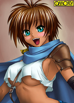 kagami hirotaka, omc, mira poular, asura fantasy online, lowres, 1girl, :d, armor, between breasts, blue eyes, blush, breasts, brown hair, cape, crop top, dark-skinned female, dark skin, detached sleeves, fang, fantasy, female focus, large breasts, looking at viewer, looking back, midriff, no bra, open mouth, pauldrons, profile, short hair, shoulder armor, sideboob, smile, solo, spiked hair, strap, tank top, underboob, upper body, watermark