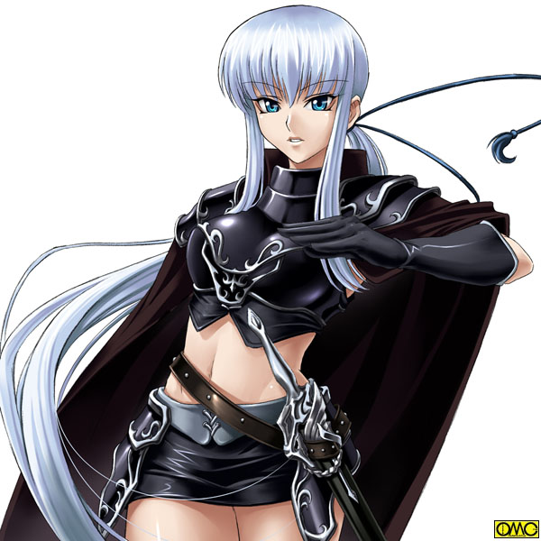 kagami hirotaka, omc, soltina sulla, asura fantasy online, silver hair, 1girl, armor, blue eyes, blue hair, cape, crop top, elbow gloves, fantasy, faulds, female focus, floating hair, foreshortening, gloves, hair between eyes, hair ornament, long hair, matching hair/eyes, midriff, miniskirt, navel, parted lips, pauldrons, pencil skirt, ponytail, rope, sheath, sheathed, shoulder armor, sidelocks, simple background, skirt, solo, sword, thighs, very long hair, watermark, weapon, white background, wide hips