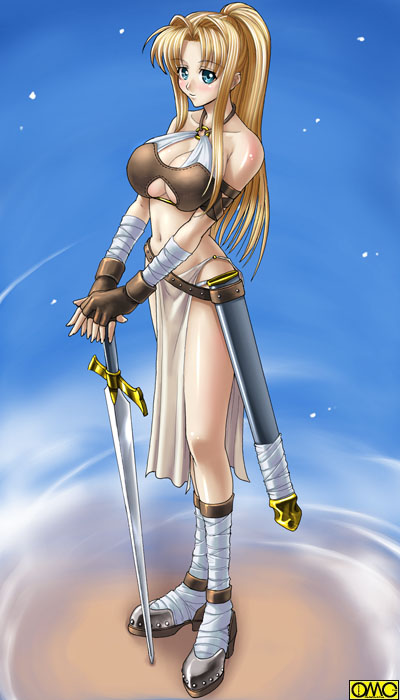 kagami hirotaka, omc, lisfia marsenal, asura fantasy online, 1girl, armband, bandages, bare shoulders, belt, blonde hair, blue eyes, blush, boots, breasts, cleavage, cleavage cutout, clothing cutout, crop top, fantasy, female focus, fingerless gloves, fingernails, gloves, hair intakes, halterneck, hands on hilt, high heels, high ponytail, knee boots, kneehighs, large breasts, leather, loincloth, long fingernails, long hair, looking at viewer, looking back, midriff, navel, o-ring, o-ring top, parted bangs, ponytail, profile, sheath, shoes, sidelocks, smile, socks, solo, standing, studded belt, sword, underboob, watermark, weapon, wind