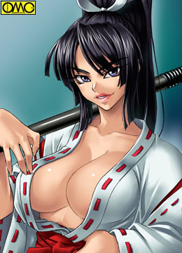 kagami hirotaka, omc, kafuuin shigure, togashi koyori, asura fantasy online, sengoku cannon, lowres, 1girl, :d, :q, aqua background, black hair, blue eyes, breasts, broom, center opening, cleavage, female focus, gradient background, grin, hair ribbon, hakama, hakama skirt, hand on own hip, high ponytail, huge breasts, japanese clothes, kimono, large breasts, lips, lipstick, long hair, looking at viewer, makeup, miko, naughty face, no bra, open clothes, open mouth, open shirt, over shoulder, parted bangs, ponytail, red hakama, ribbon, shirt, skirt, smile, solo, tongue, tongue out, upper body, watermark, weapon, wide sleeves, yukata