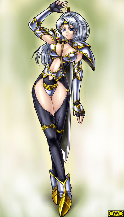 kagami hirotaka, omc, reina forster, asura fantasy online, silver hair, 1girl, :d, arm up, armor, between breasts, bikini armor, black thighhighs, blue eyes, boots, breasts, center opening, cleavage, cleavage cutout, clothing cutout, crossed legs, crotch plate, elbow gloves, fantasy, female focus, fingerless gloves, floating hair, garter straps, gauntlets, gem, gloves, greaves, green background, grin, high ponytail, huge weapon, jewelry, large breasts, leaning, looking at viewer, midriff, navel, o-ring, o-ring bottom, open mouth, parted bangs, pauldrons, ponytail, shoulder armor, smile, solo, standing, steam, strap, sword, thigh gap, thighhighs, thighlet, thighs, turtleneck, watermark, watson cross, weapon