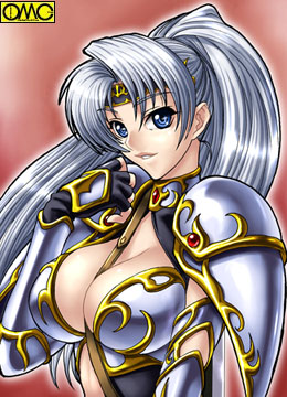 kagami hirotaka, omc, reina forster, asura fantasy online, lowres, 1girl, :d, armor, between breasts, bikini armor, blue eyes, breasts, center opening, cleavage, cleavage cutout, clothing cutout, elbow gloves, fantasy, female focus, fingerless gloves, floating hair, gem, gloves, greaves, grey hair, grin, hair between eyes, hand to own mouth, headband, high ponytail, knight, large breasts, long hair, looking at viewer, looking back, midriff, open mouth, pauldrons, ponytail, profile, red background, shoulder armor, smile, solo, strap, turtleneck, upper body, watermark