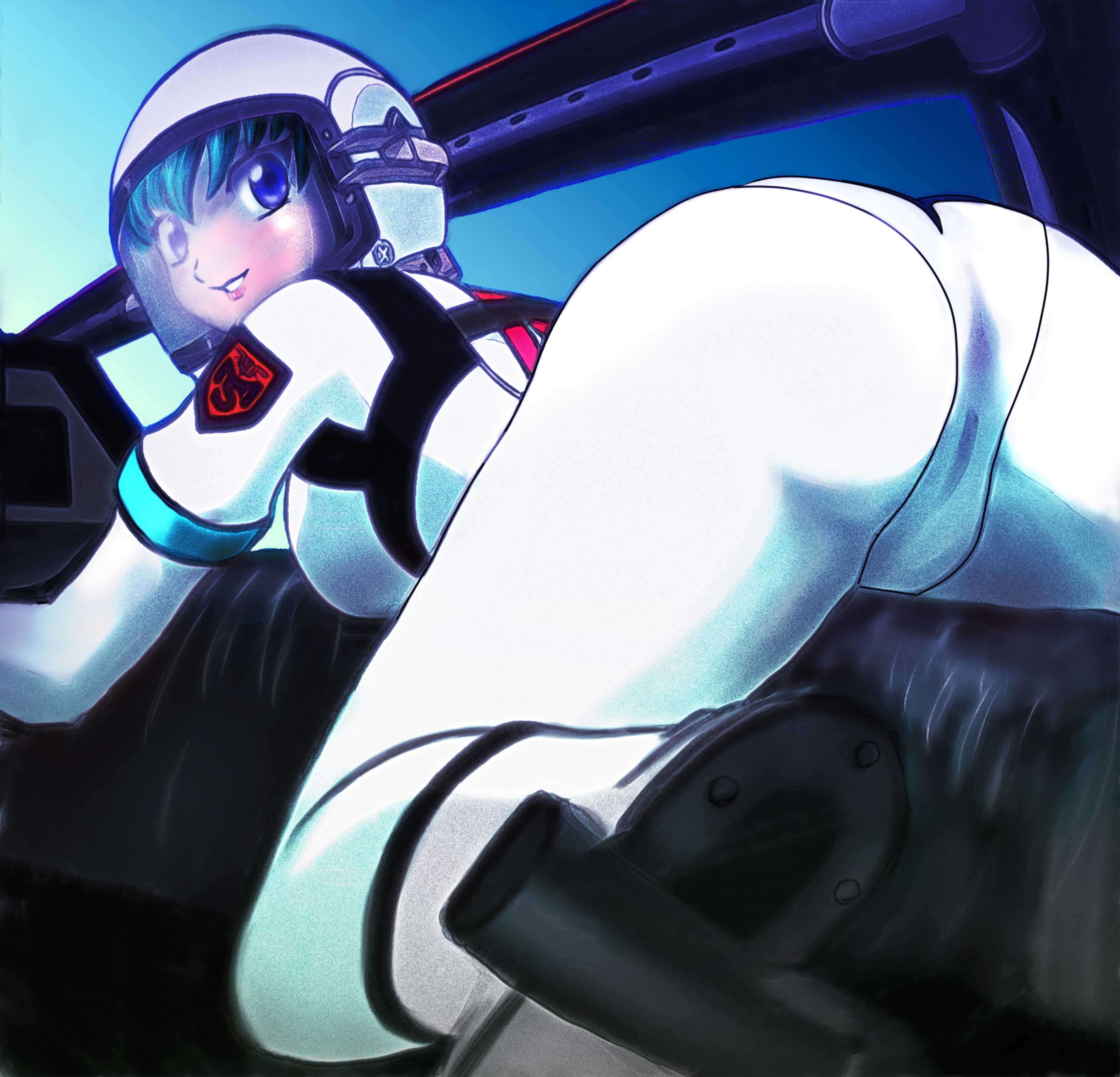 honjou mikaze, stratos 4, pilot suit, artist request, 1girl, aqua hair, ass, ass focus, bent over, blue sky, blush, bodysuit, breast press, breasts, cockpit, emblem, green eyes, green hair, helmet, huge ass, leaning forward, looking at viewer, looking back, lying, medium breasts, on stomach, skin tight, sky, smile, solo, spacesuit, straddling, vehicle interior, white bodysuit, wide hips, window