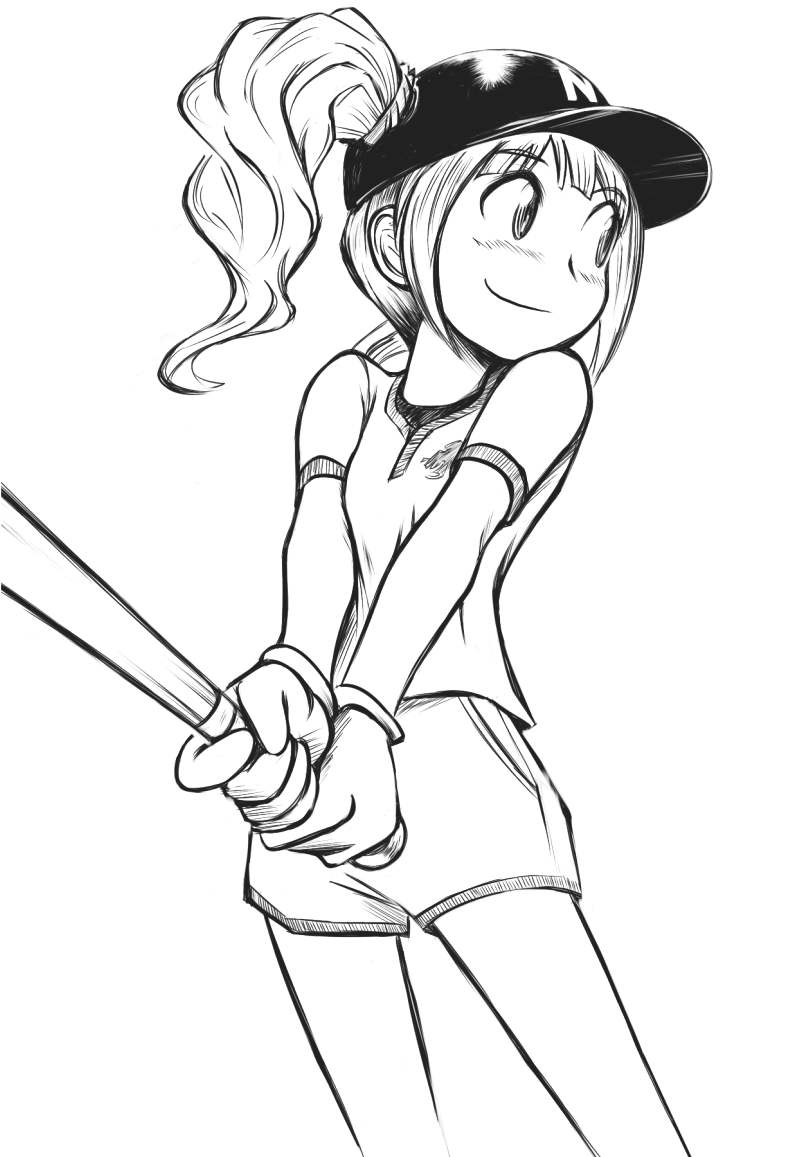 tanigawa hiroshi, takatsuki yayoi, idolmaster, idolmaster (classic), idolmaster 1, 00s, 1girl, baseball bat, baseball cap, female focus, greyscale, hat, monochrome, simple background, solo, twintails