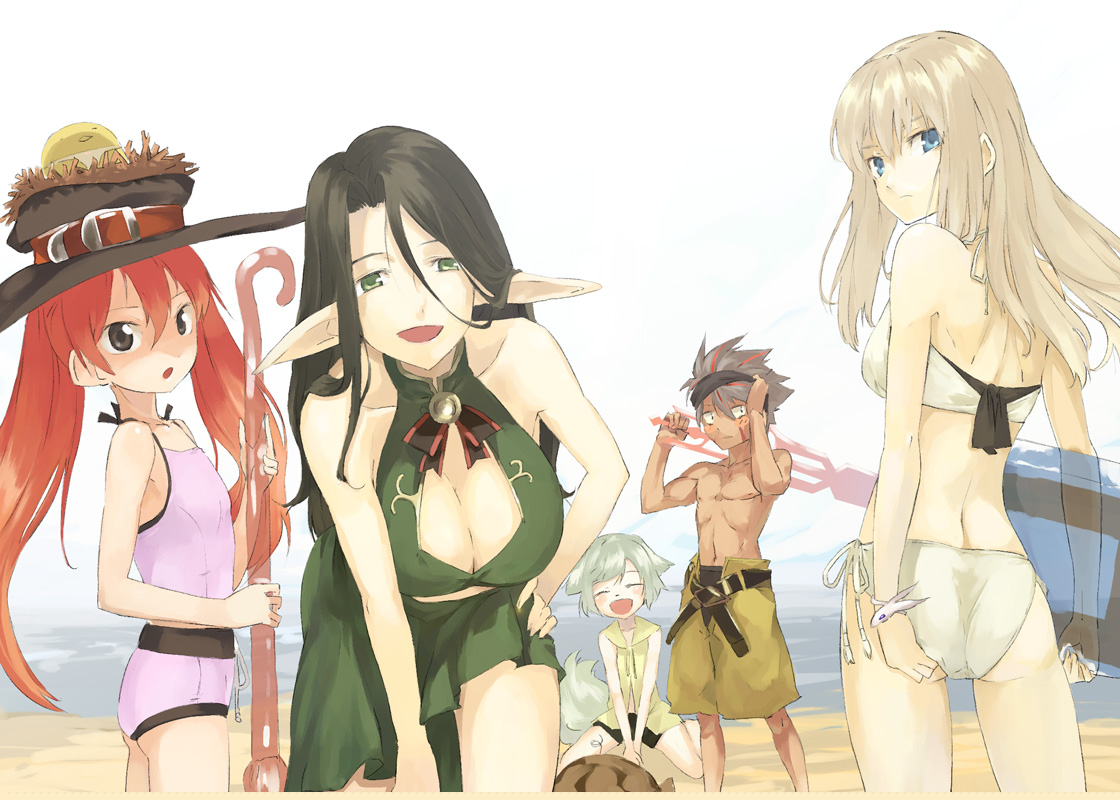 file17, u (the unko), amitalilly, cyrille (shining force exa), faulklin, maebelle, toma (shining force exa), sega, shining (series), shining force exa, age difference, animal ears, ass, back, beach, bike shorts, bikini, black hair, bracelet, breasts, child, cleavage, cleavage cutout, clothing cutout, flat chest, green eyes, grey hair, hand on own hip, hat, hip focus, huge breasts, innertube, jewelry, leaning forward, long hair, looking back, pointy ears, red hair, shorts, side-tie bikini bottom, staff, swim ring, swimsuit, sword, tail, tankini, twintails, weapon, white hair