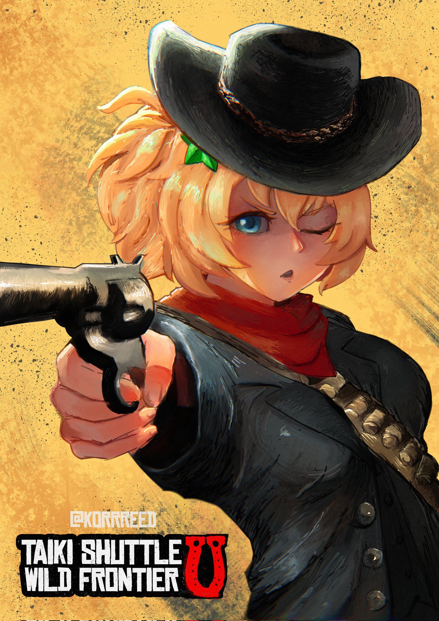 arthur morgan, taiki shuttle (umamusume), red dead redemption (series), red dead redemption 2, umamusume, highres, 1girl, animal ears, arthur morgan (cosplay), artist name, bandana, bandolier, belt, black jacket, blonde hair, blue eyes, cosplay, cowboy, cowboy hat, cowboy western, gun, handgun, hat, holding, holding gun, holding weapon, horse ears, horse girl, jacket, korrreed, long hair, looking at viewer, one eye closed, ponytail, red bandana, revolver, solo, upper body, weapon, western
