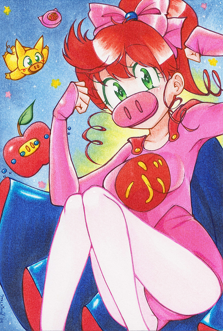 stalkingp, kokubu karin, tonde buurin, traditional media, 1boy, 1girl, bow, cape, compact (cosmetics), cosmetics, drill hair, drill sidelocks, green eyes, hair bow, leotard, pig, pig nose, pink leotard, ponytail, red hair, sidelocks, tonrariano