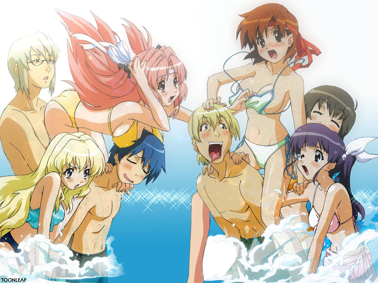 fukuyama kazuharu, fukuyama lisa, hayate (girls bravo), kojima kirie, kosame (girls bravo), koyomi hare nanaka, miharu sena kanaka, sasaki yukinari, girls bravo, highres, 00s, 4boys, 4girls, ass, assisted exposure, beach, bikini, bikini pull, black hair, blonde hair, blue hair, blush, breast rest, breasts, breasts on head, brown hair, closed eyes, clothes pull, everyone, glasses, groups, hair ribbon, headband, large breasts, long hair, medium breasts, multiple boys, multiple girls, navel, one eye closed, open mouth, pink hair, pink sarong, ponytail, pulling another's clothes, purple hair, ribbon, sarong, short hair, side-tie bikini bottom, small breasts, swimsuit, tankini, tongue, undressing, wardrobe malfunction, water, wet, wink
