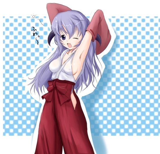 hanyuu, higurashi no naku koro ni, alternate breast size, 00s, 1girl, armpits, breasts, female focus, hakama, hakama skirt, japanese clothes, long hair, medium breasts, purple hair, red hakama, sideboob, skirt, solo