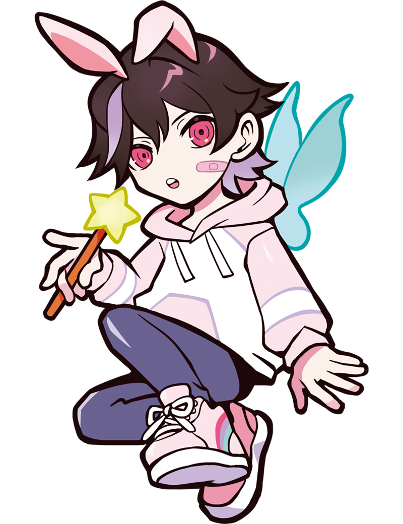 puppeteer7777, crazy raccoon, official art, second-party source, 1boy, animal ears, anime coloring, aqua wings, bandaid, bandaid on cheek, bandaid on face, blue leggings, brown hair, colored inner hair, double-parted bangs, drawstring, facing viewer, fairy, fairy wings, full body, gradient hair, gradient wings, hair between eyes, holding, holding wand, hood, hood down, hoodie, horizontal-striped clothes, horizontal-striped sleeves, laces, leggings, looking at viewer, male focus, multicolored hair, multicolored wings, open mouth, pastel colors, pink hood, pink hoodie, pink shoes, pink sleeve cuffs, pink sleeves, pocket, print shoes, purple hair, rabbit ears, raglan sleeves, rainbow print, red eyes, shoe soles, shoes, short hair, single ear down, single horizontal stripe, sleeve cuffs, sneakers, solo, star wand, streaked hair, striped sleeves, tachi-e, teeth, thick lineart, tongue, toppy (crazy raccoon), transparent background, upper teeth only, wand, white hoodie, wings