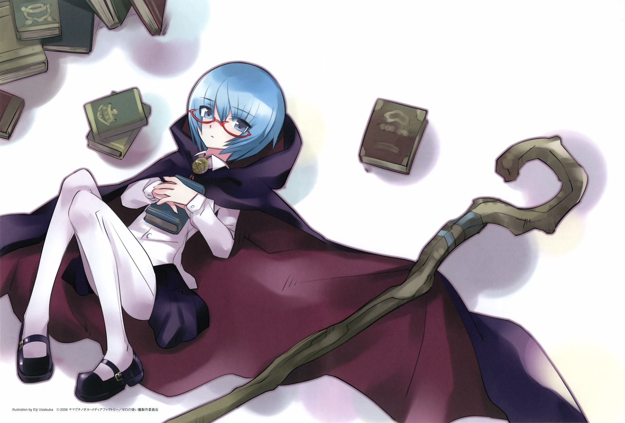 eiji, usatsuka eiji, tabitha (zero no tsukaima), zero no tsukaima, highres, 00s, 1girl, 2006, blue eyes, blue hair, book, female focus, glasses, long legs, lying, matching hair/eyes, pantyhose, pentacle, solo, white background