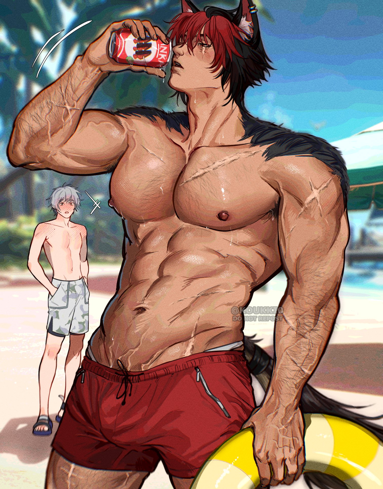 yukaero4, komano manato, wise (zenless zone zero), zenless zone zero, commentary, english commentary, highres, 2boys, abs, adam's apple, animal ears, arm hair, beach, black hair, blush, bulge, can, chest hair, cowboy shot, dog boy, dog ears, ear piercing, full body, grey hair, hand in pocket, holding, holding can, leg hair, looking at viewer, male focus, male underwear, male underwear peek, multicolored hair, multiple boys, multiple scars, muscular, muscular male, navel, nipples, no nipples, open mouth, pectorals, piercing, red hair, red shorts, sand, scar, scar across eye, scar on arm, scar on chest, scar on face, scar on leg, shadow, short hair, short shorts, shorts, solo focus, sweat, thick thighs, thighs, topless male, underwear, veins, veiny arms, veiny crotch, yaoi